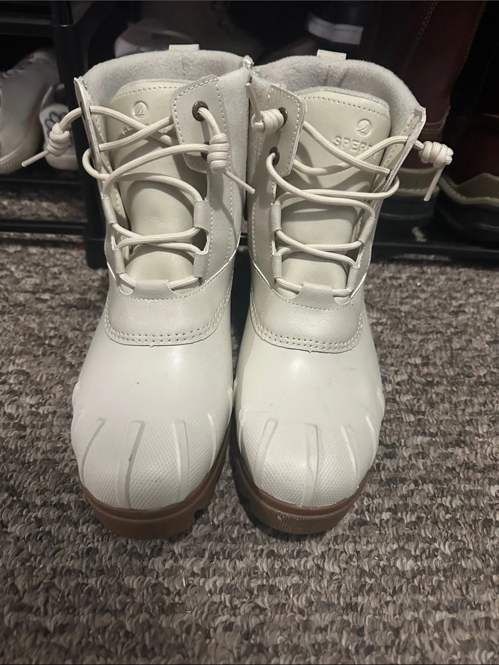 Sperry Women’s White Duck Boots with Brown Sole
